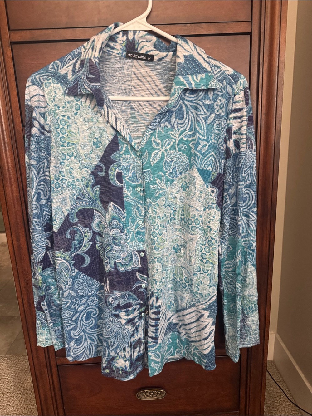 David Cline teal blue abstract paisley snap long sleeve blouse size medium